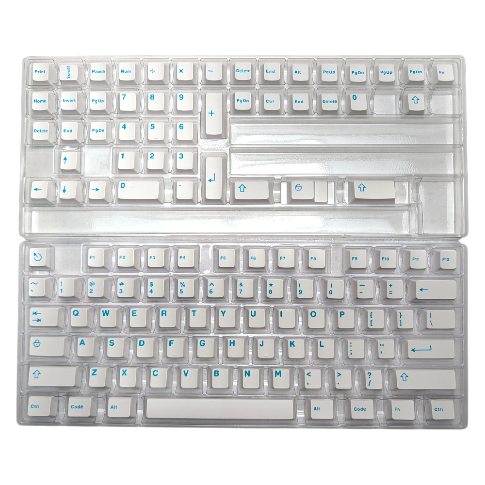 Styled shot of Aqua Clarity white and turquoise/teal keycaps, perfect for a custom setup.