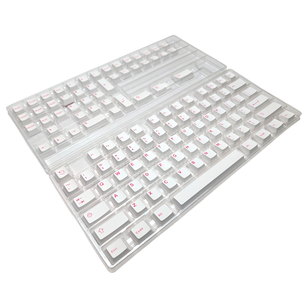 Close-up view of "Clean Pink" keycaps highlighting the crisp pink legends and clean white aesthetic.