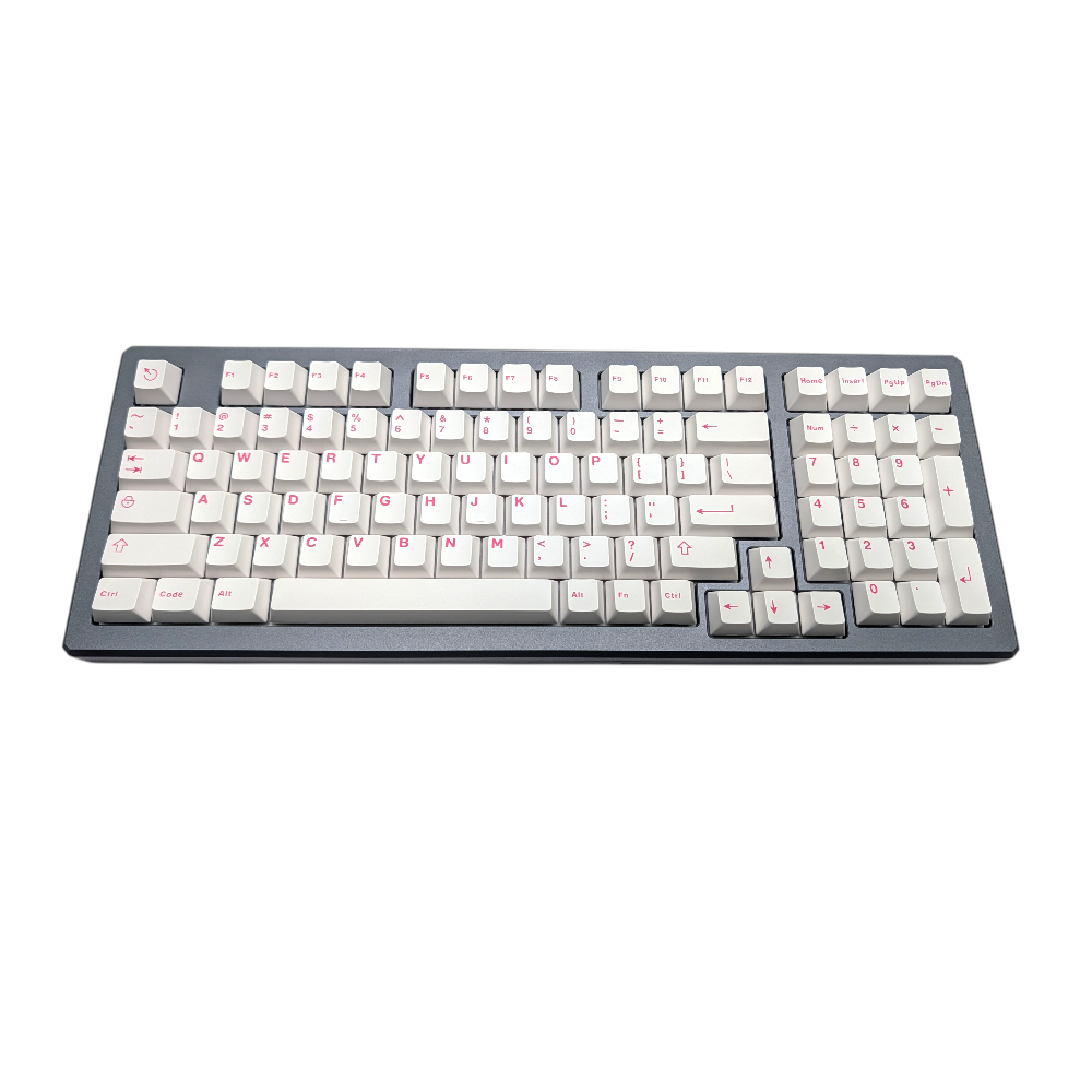 Minimal aesthetic "Clean Pink" keycaps on a dark gray mechanical keyboard case.