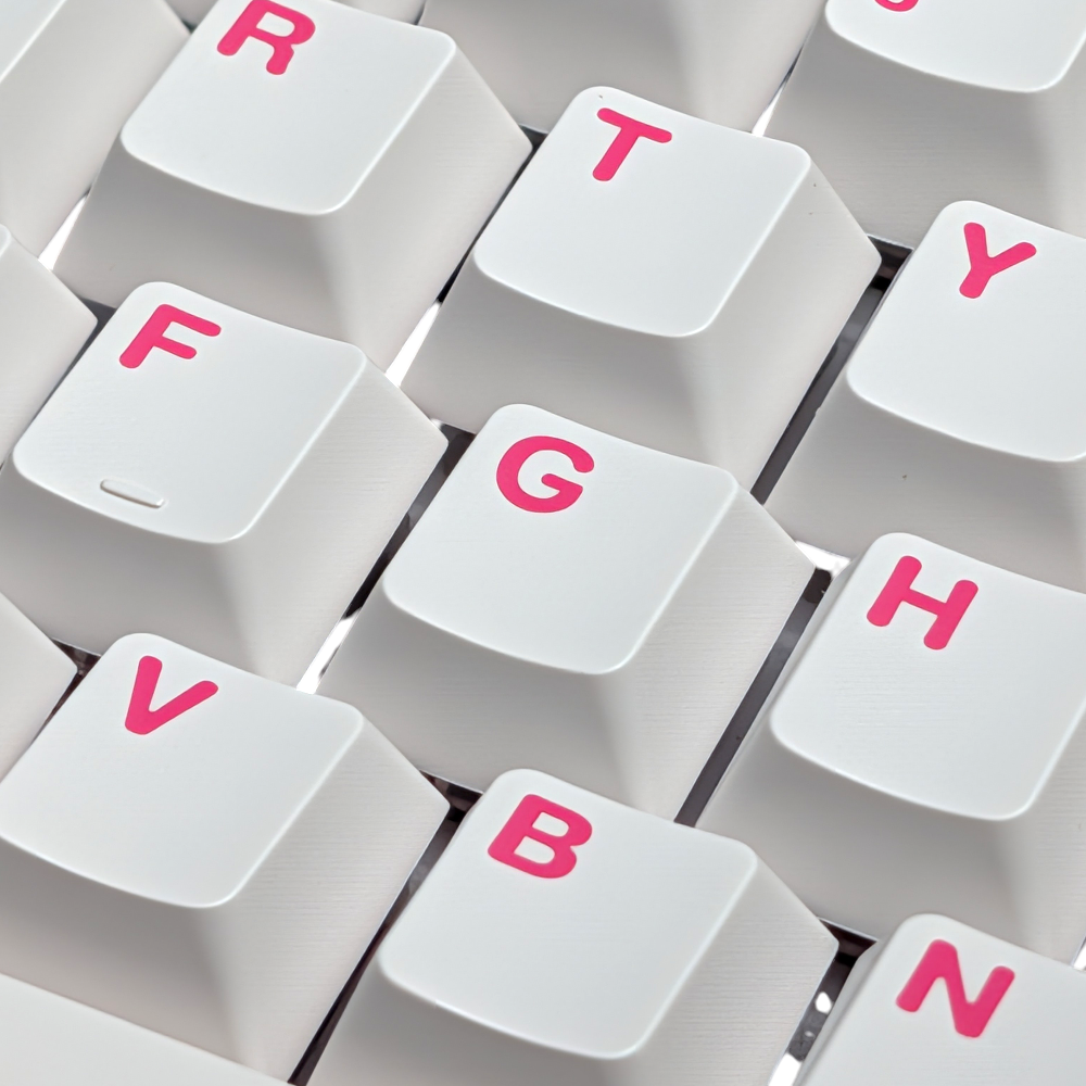 "Clean Pink" keycaps enhancing a gaming setup with a pure and contrasting style.