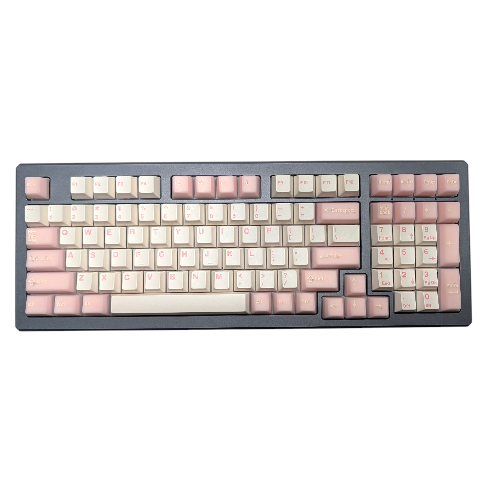 Detailed view of transparent pink and blue keycaps from the "Cloud Candy" set