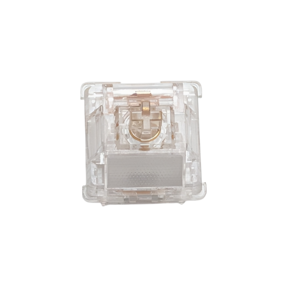 Close-up of Durock Ice King Linear switches for custom mechanical keyboards featuring fully transparent housing and gold-plated springs.