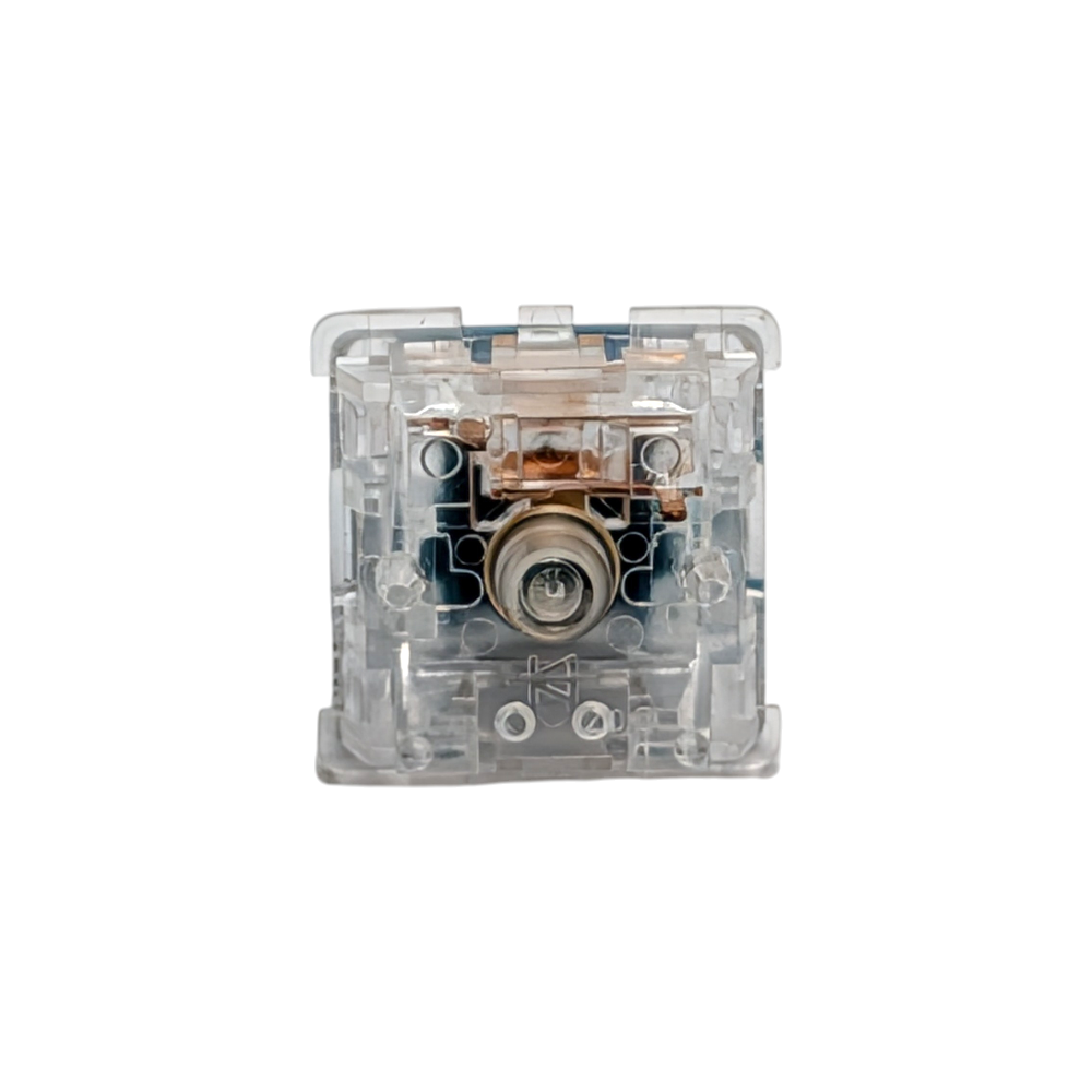 Detailed view of a Durock T1 tactile switch on a keyboard plate, showcasing the teal POM stem and 67g gold spring for responsive typing.