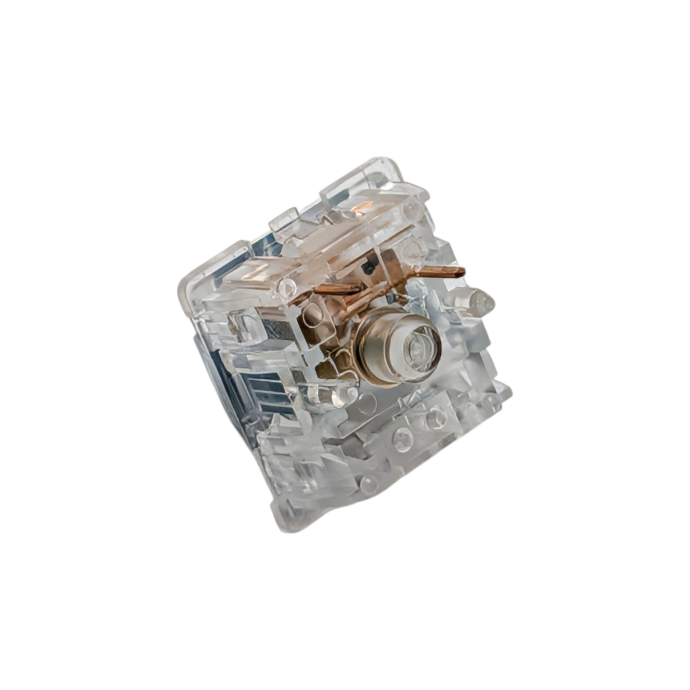 Macro view of Durock T1 tactile switch showing the clear PC top housing and the high-tactility stem design for a sharp tactile bump.