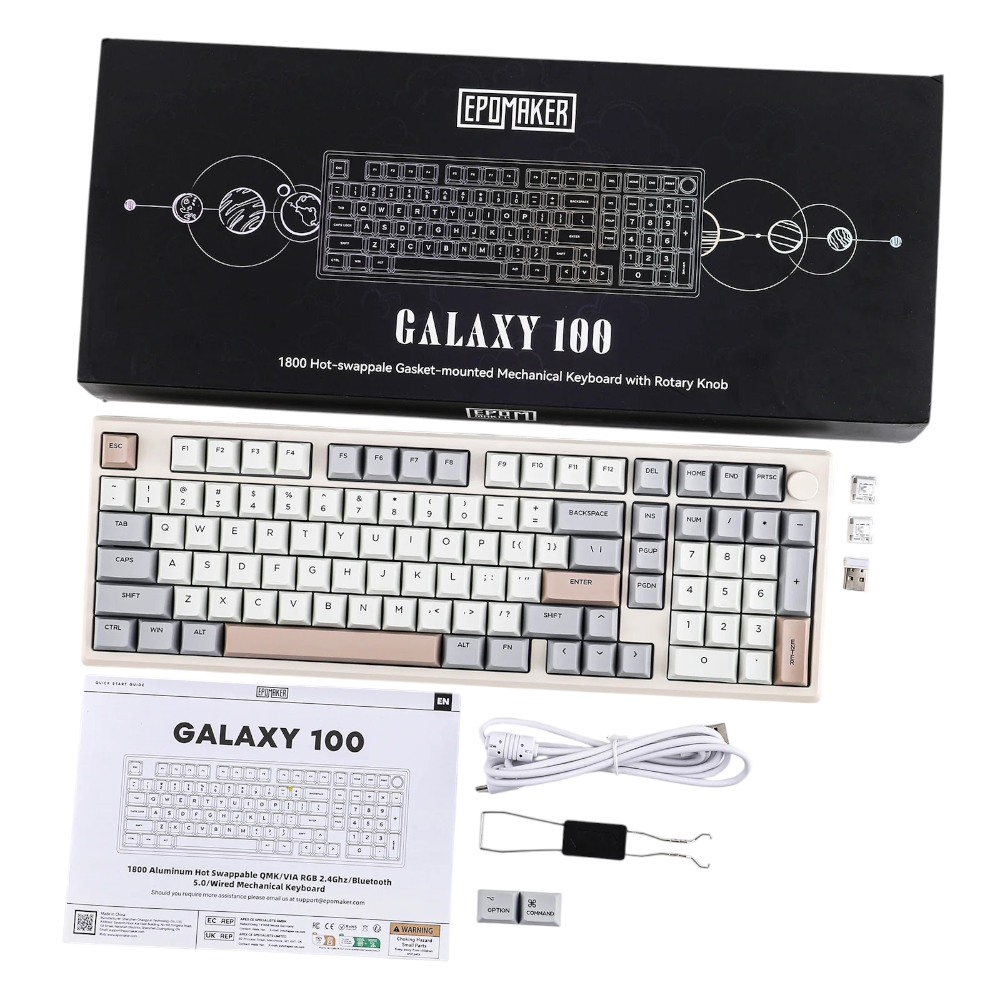 Epomaker galaxy 100 full sized compact Mechanical keyboard with a beige frame wireless trimode with knob whats in the box