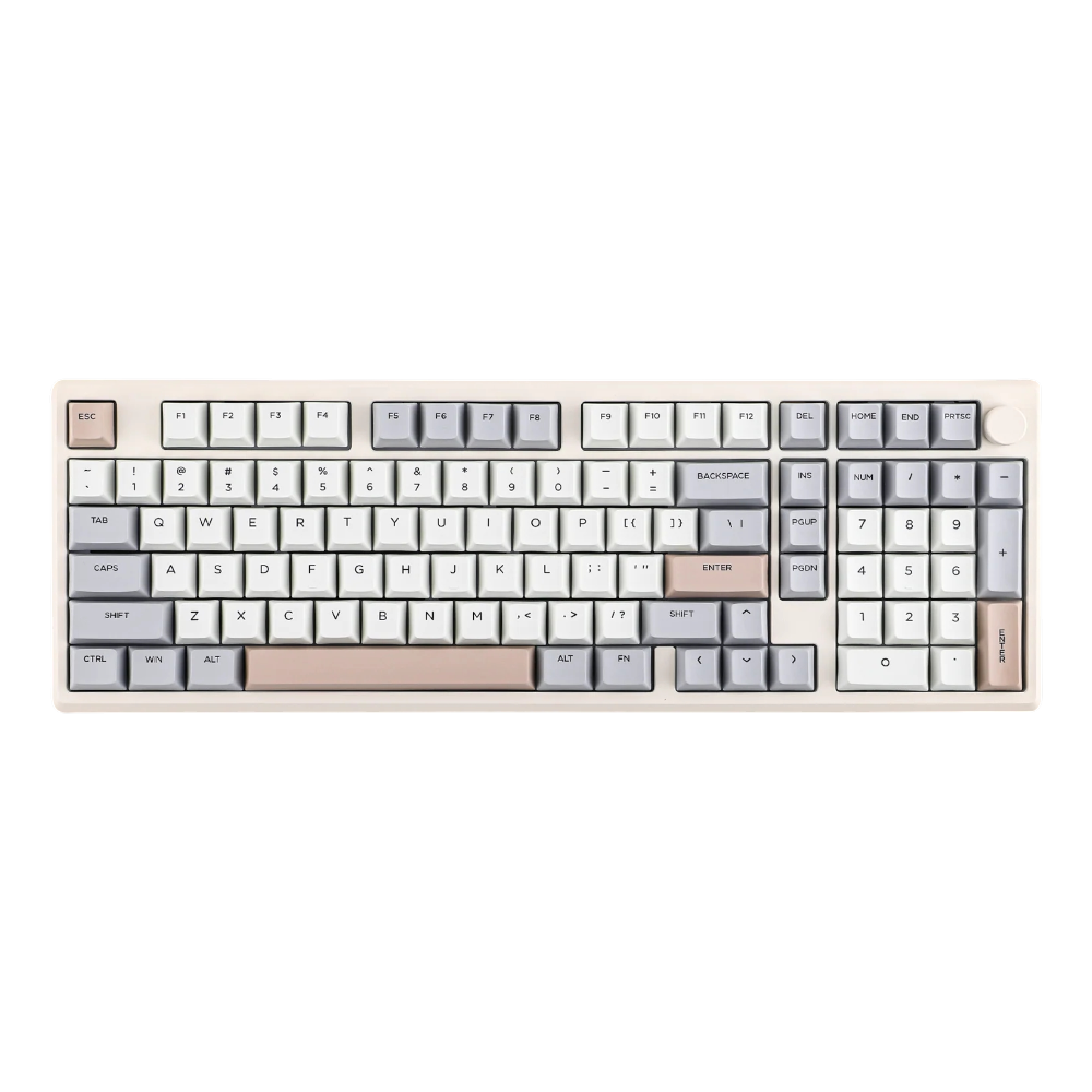 Epomaker galaxy 100 full sized compact Mechanical keyboard with a beige frame wireless trimode with knob