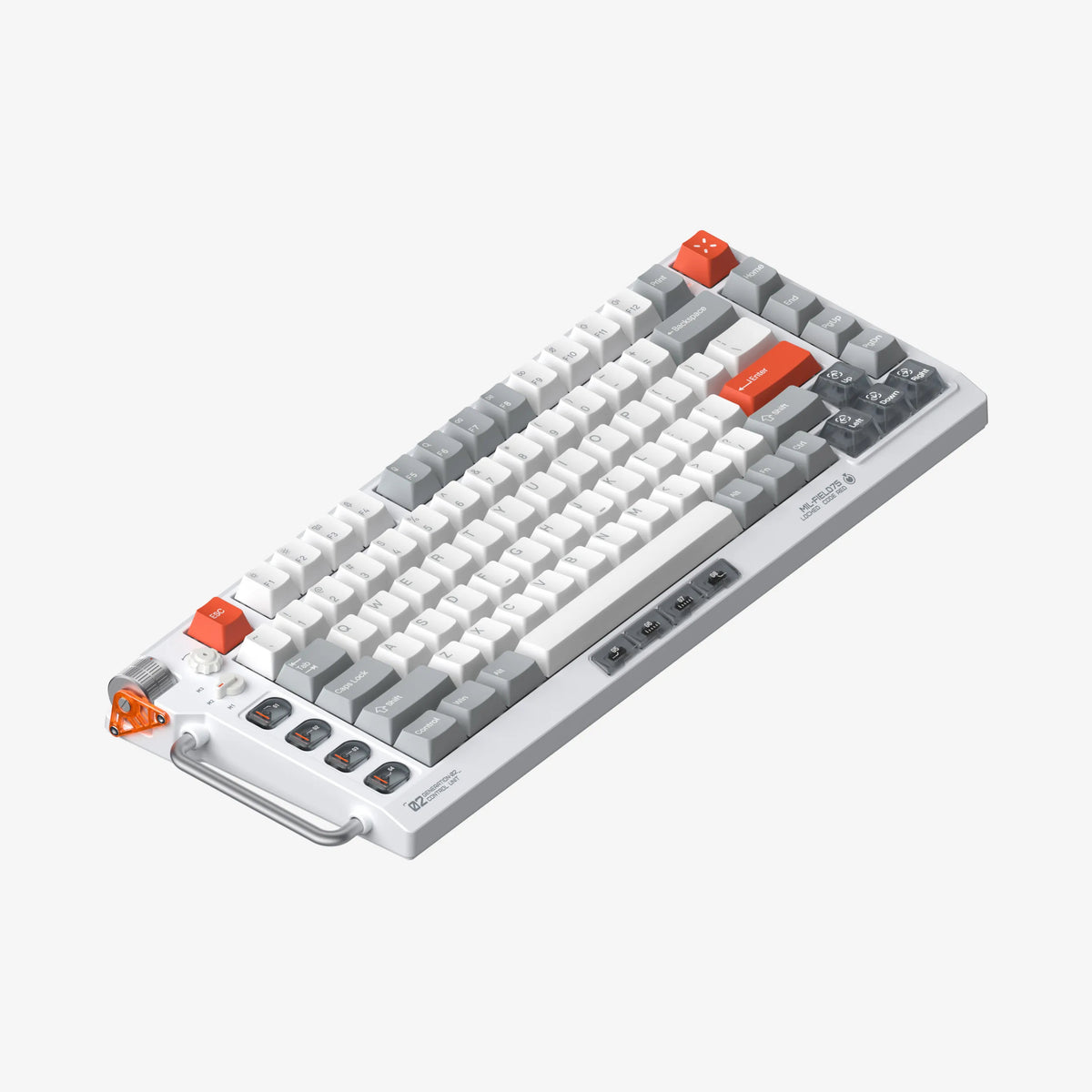 A compact mechanical keyboard with a white and gray keycap layout, accented by bright orange-red keycaps and a silver metal wrist rest, shown on a light gray background.