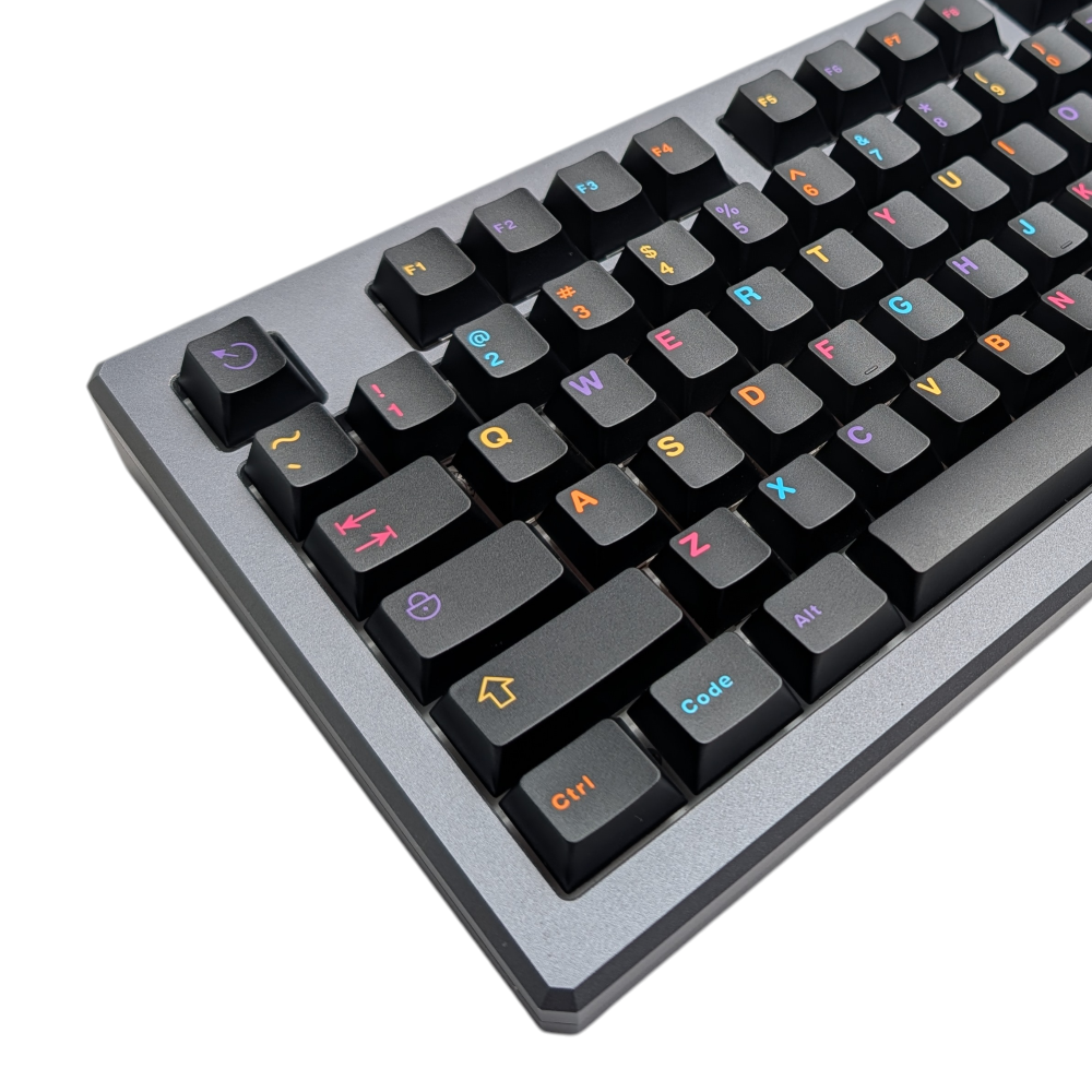 Mechanical keyboard featuring " Fiesta Burst " keycaps, showcasing colorful and vibrant design.