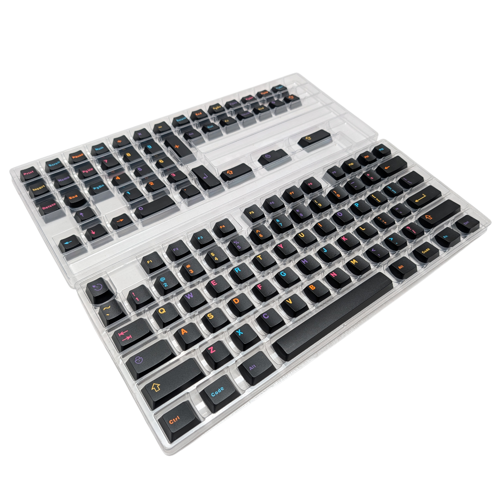 Close-up view of " Fiesta Burst " custom keycaps showing bright, festive colors and dark background.