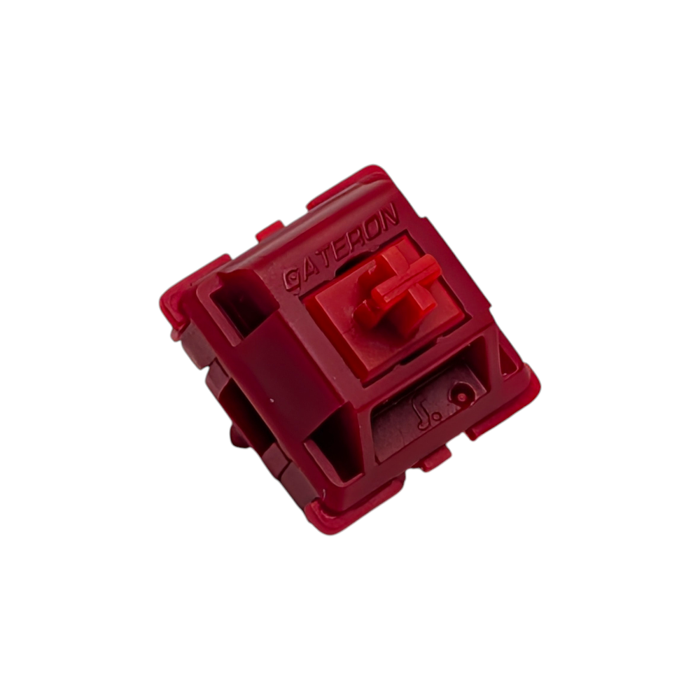 Red Gateron x Sillyworks Type R tactile switch showing the PA66 nylon housing for a clacky, high-pitched sound profile in custom keyboard builds.