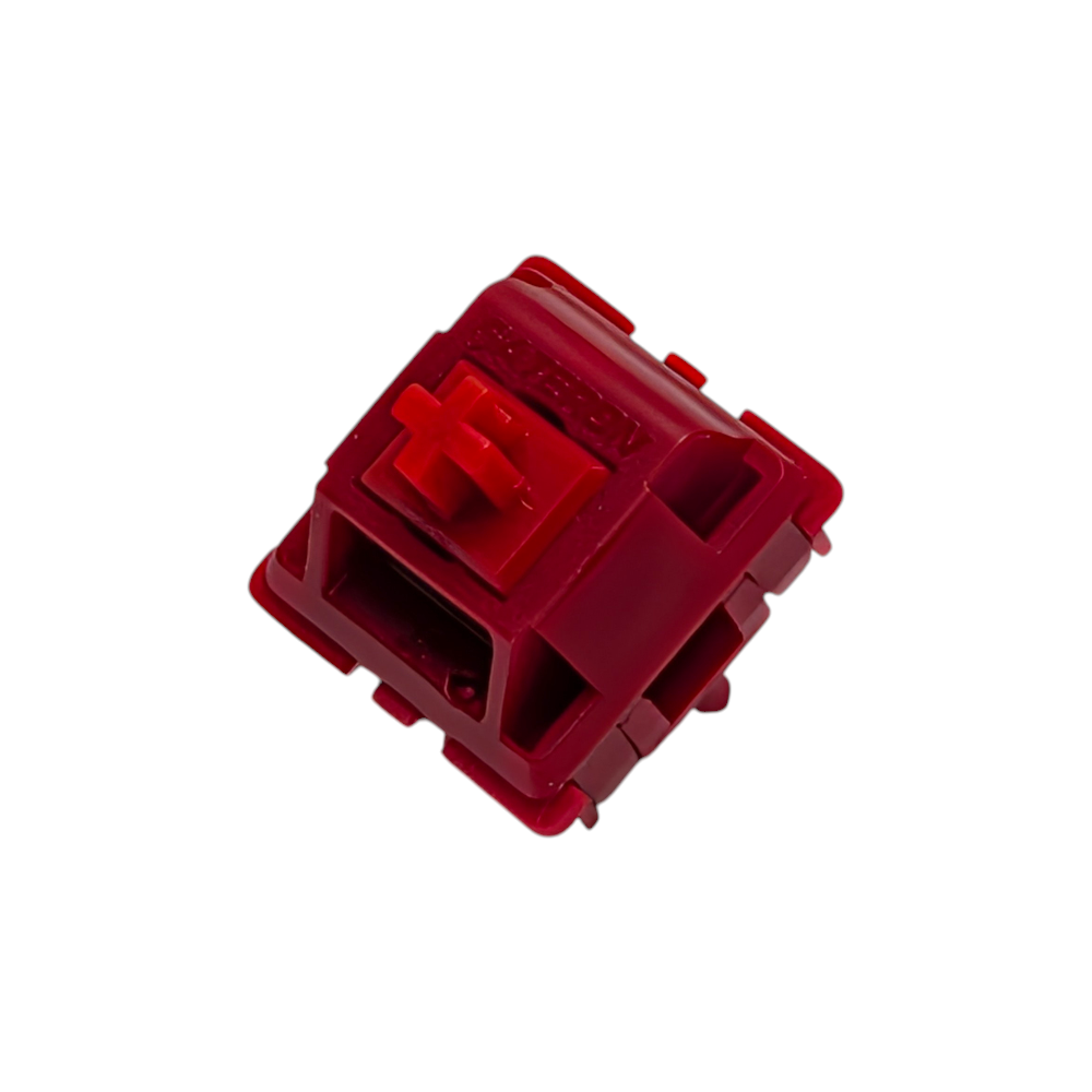 Close-up of Gateron x Sillyworks Type R tactile switches featuring 5-pin PCB mount design and POM long-pole stem for custom mechanical keyboards