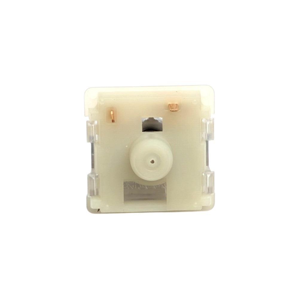 A single mechanical keyboard switch module shown from the back, featuring a translucent off-white plastic case, a central white pivot wheel, and copper-colored contacts, isolated on a white background.