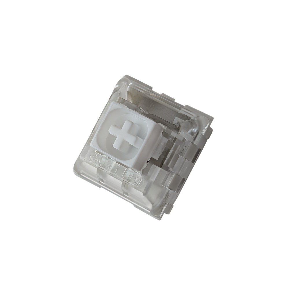 Close-up of a Kailh Box White mechanical keyboard switch featuring the iconic white square box stem for reduced keycap wobble and IP54 dust resistance.