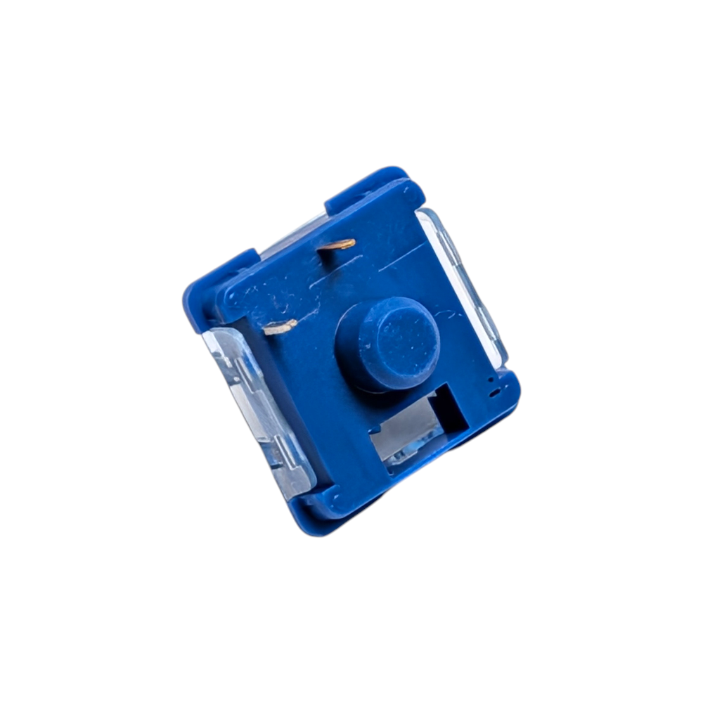Kailh Choc V2 Deep Sea silent tactile switches featuring a transparent housing and blue stem.