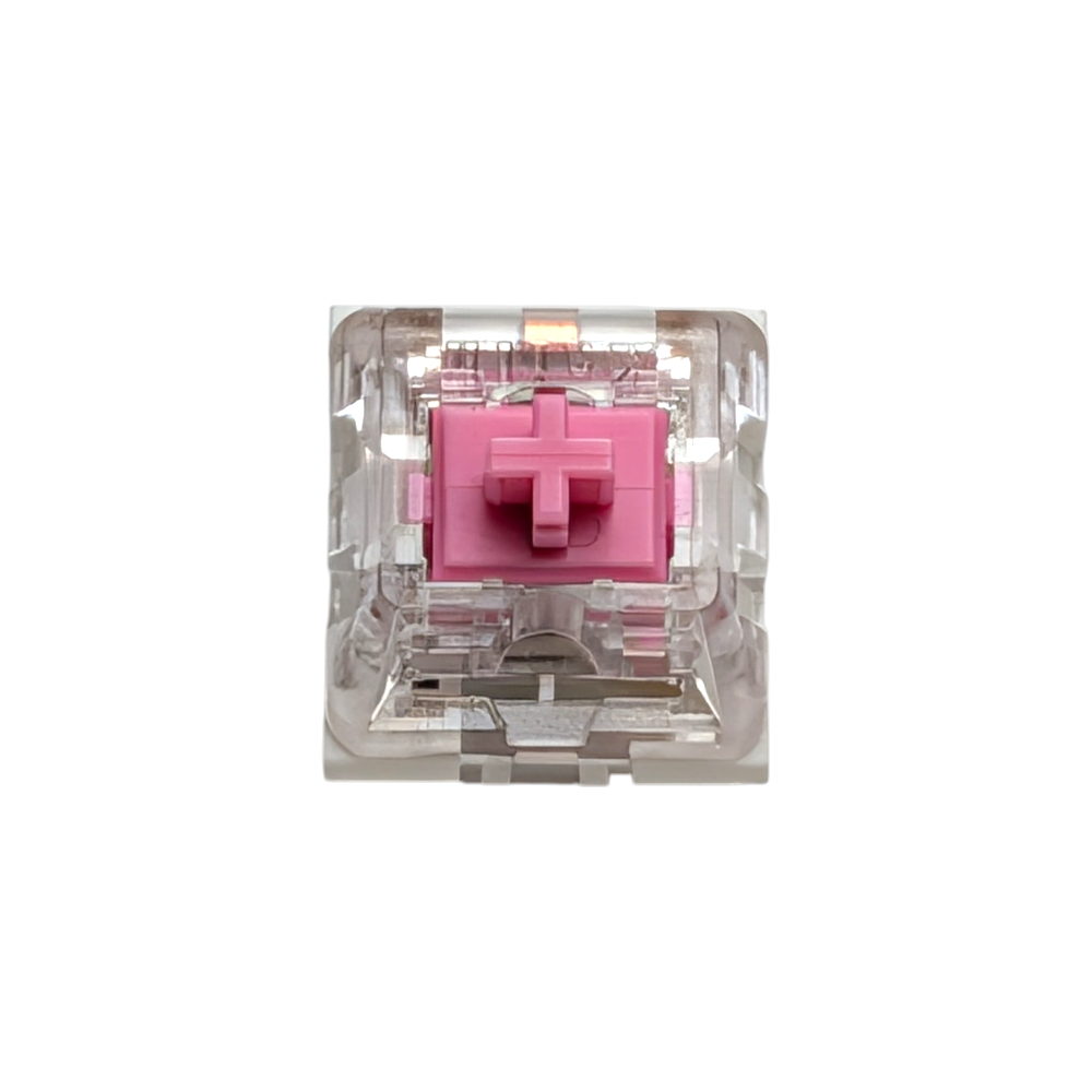 Detailed side view of a Kailh Speed Pink switch highlighting the click bar mechanism that produces a crisp, sharp click sound for mechanical keyboard enthusiasts