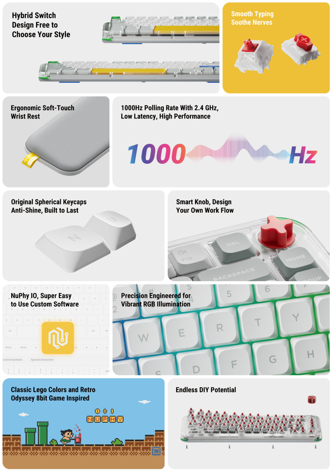 A promotional infographic collage for a mechanical keyboard switch kit, showing multiple product close-ups, feature callouts, and marketing text on a white background. The collage includes photos of keyboard switches, a close-up of a keyboard with colored keycaps, and text highlighting features such as hybrid switch design, ergonomic wrist rest, smooth switch nerves, high polling rate, spherical keycaps, smart knob, NuPhy IQ software, and retro-inspired color options.