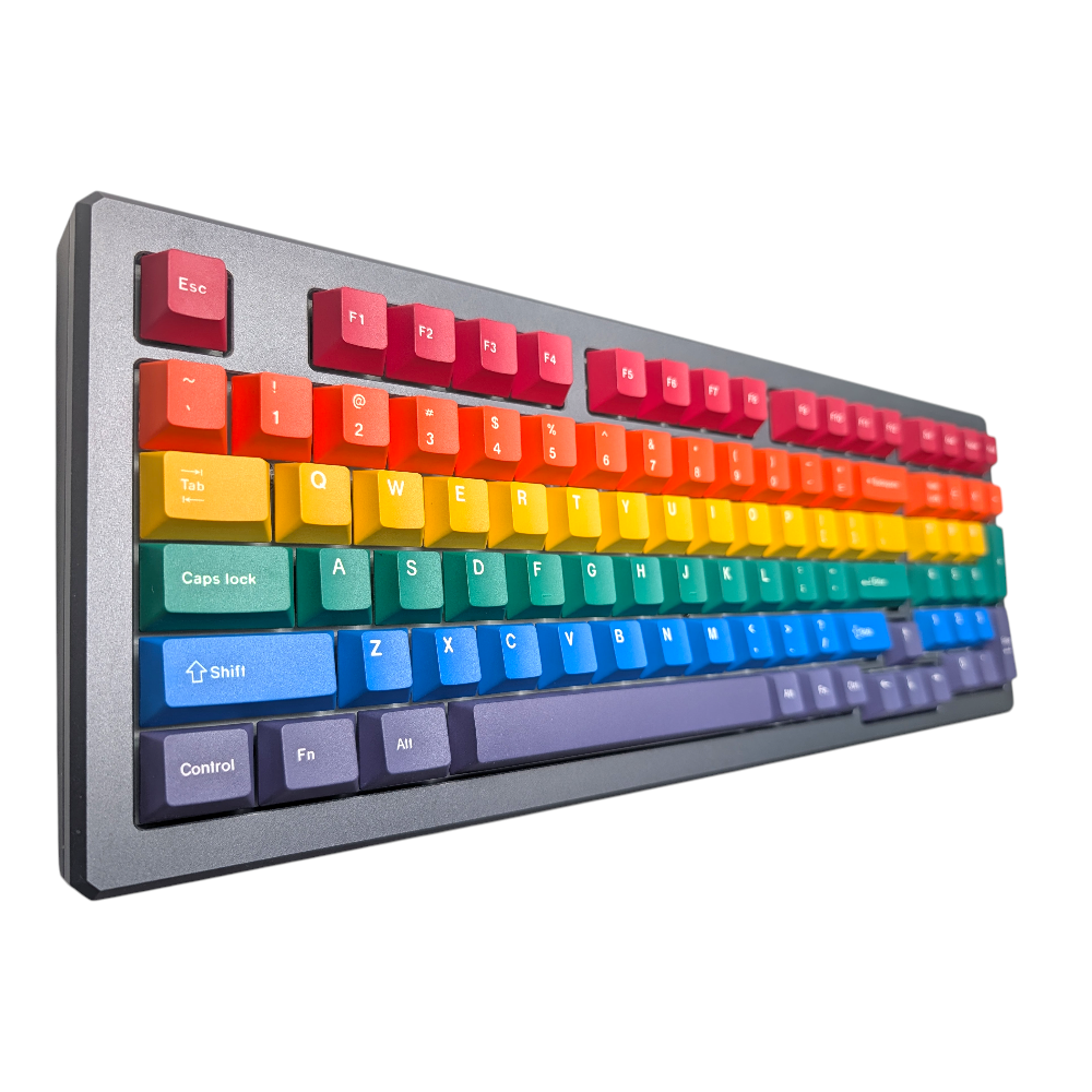 Rainbow Burst keycap set illuminating a custom mechanical keyboard.