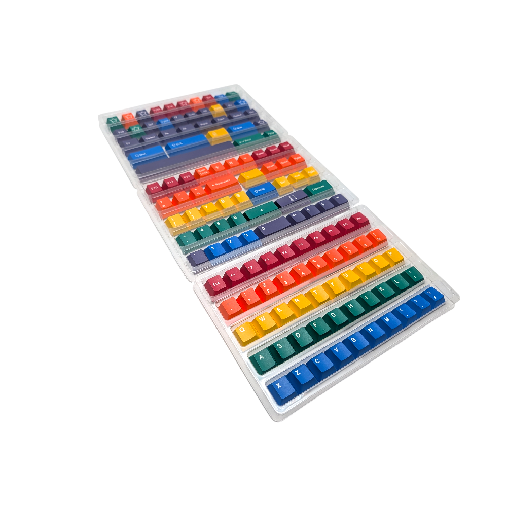 Vibrant, multi-colored PBT keycaps with dye sublimation in Rainbow Burst style.