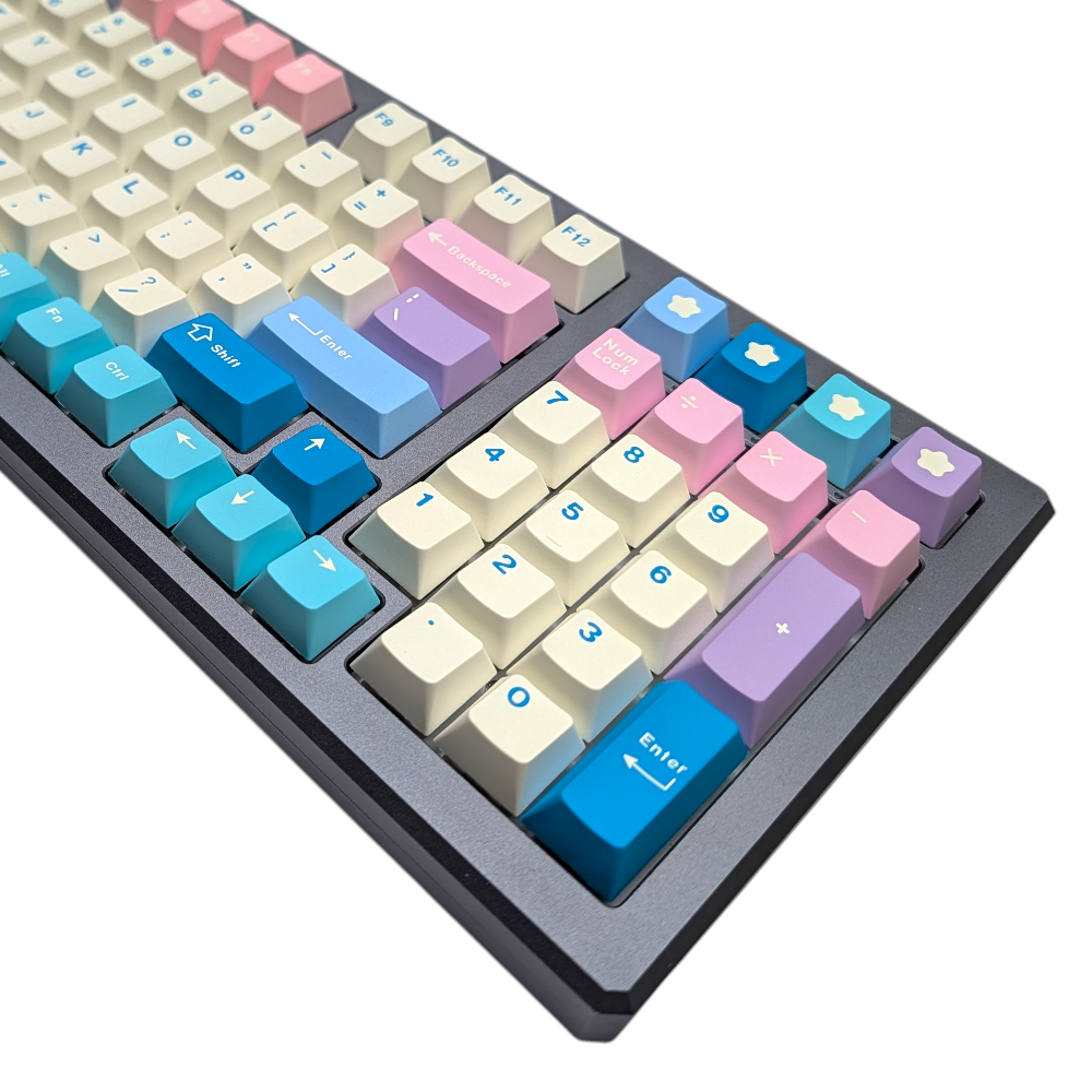Detailed shot of the middle tray keycaps showing pink, purple, and blue gradient keycaps with white and blue legends.