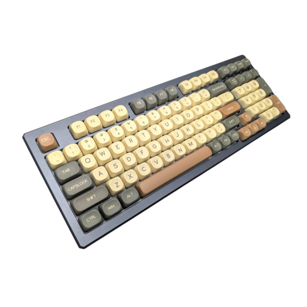 op-angled perspective of a mechanical keyboard equipped with the Hojicha Matcha Latte MOA profile dye-sub keycap set.