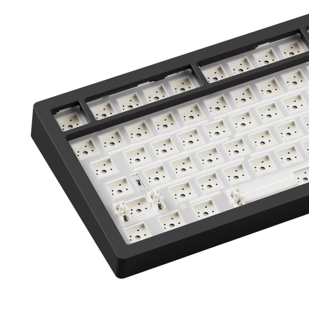 Close-up of a mechanical keyboard frame with white keycaps on a white Monsgeek M2 V5 VIA 96% Mechanical Keyboard background