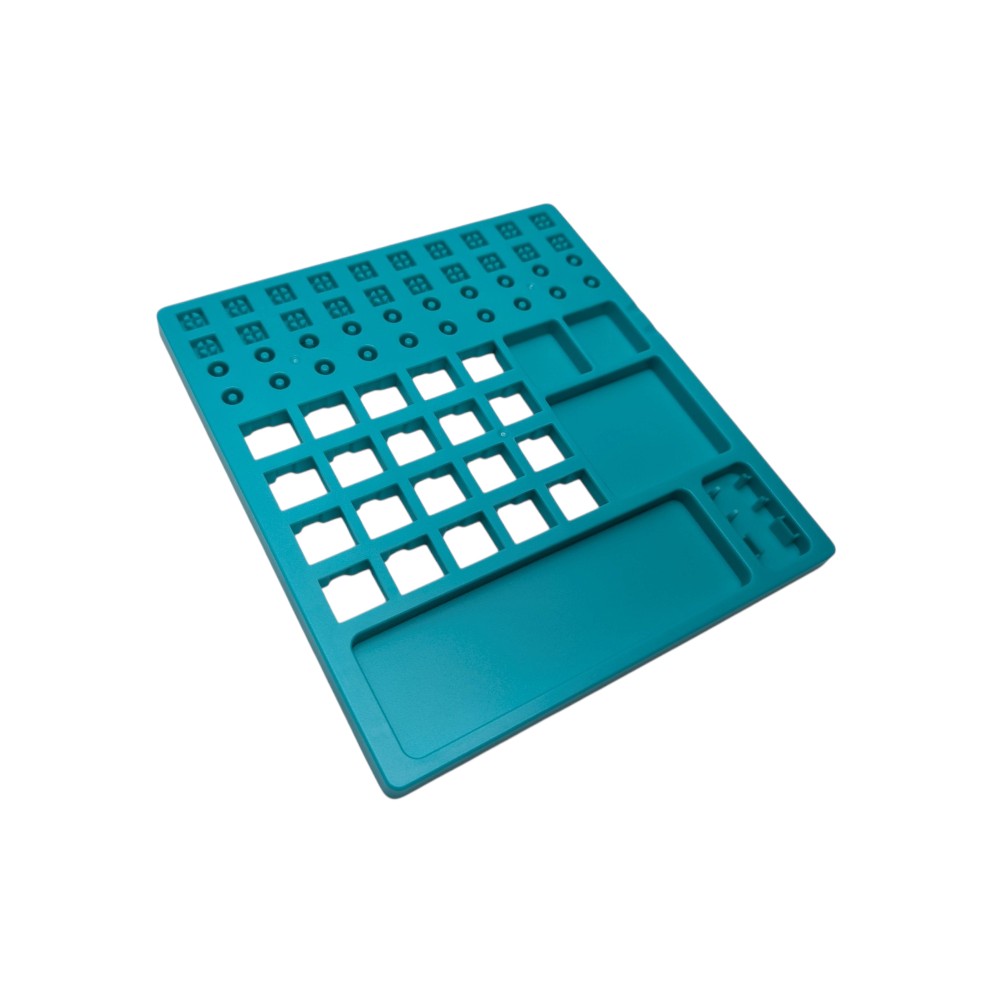 Teal blue switch lube station organizer tray for custom mechanical keyboard switches.