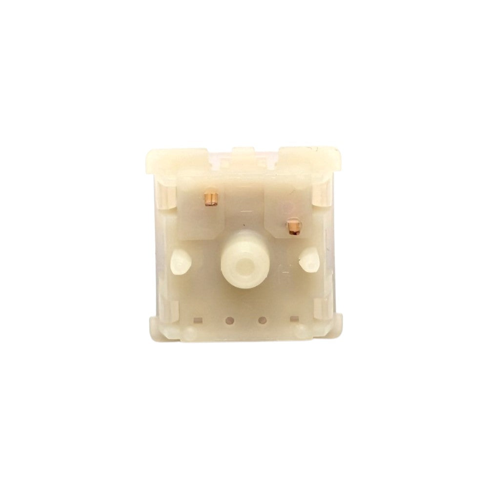 Overhead view of the 5-pin milky bottom housing and copper contact pins on Gateron Milky Purple Pro switch.