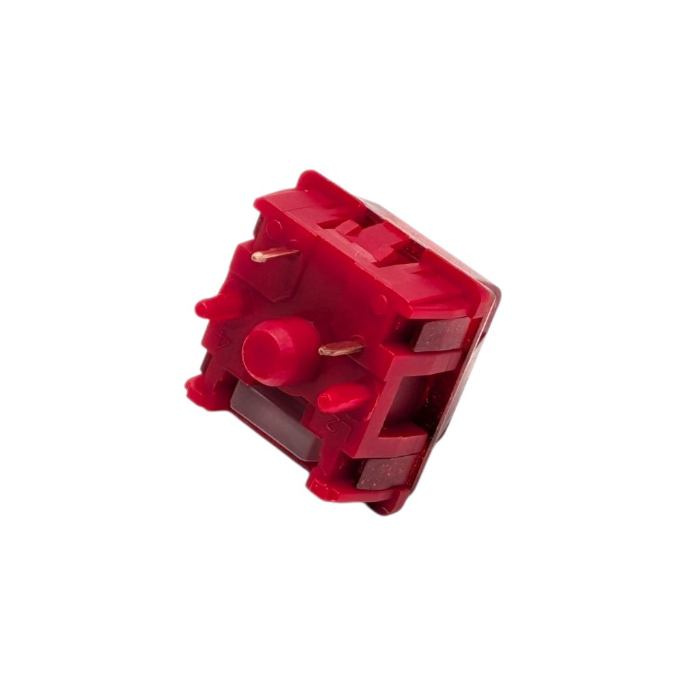Bottom side perspective view of the red P4 nylon housing and PCB mounting pins on the HMX x JKDK Blossom switch.