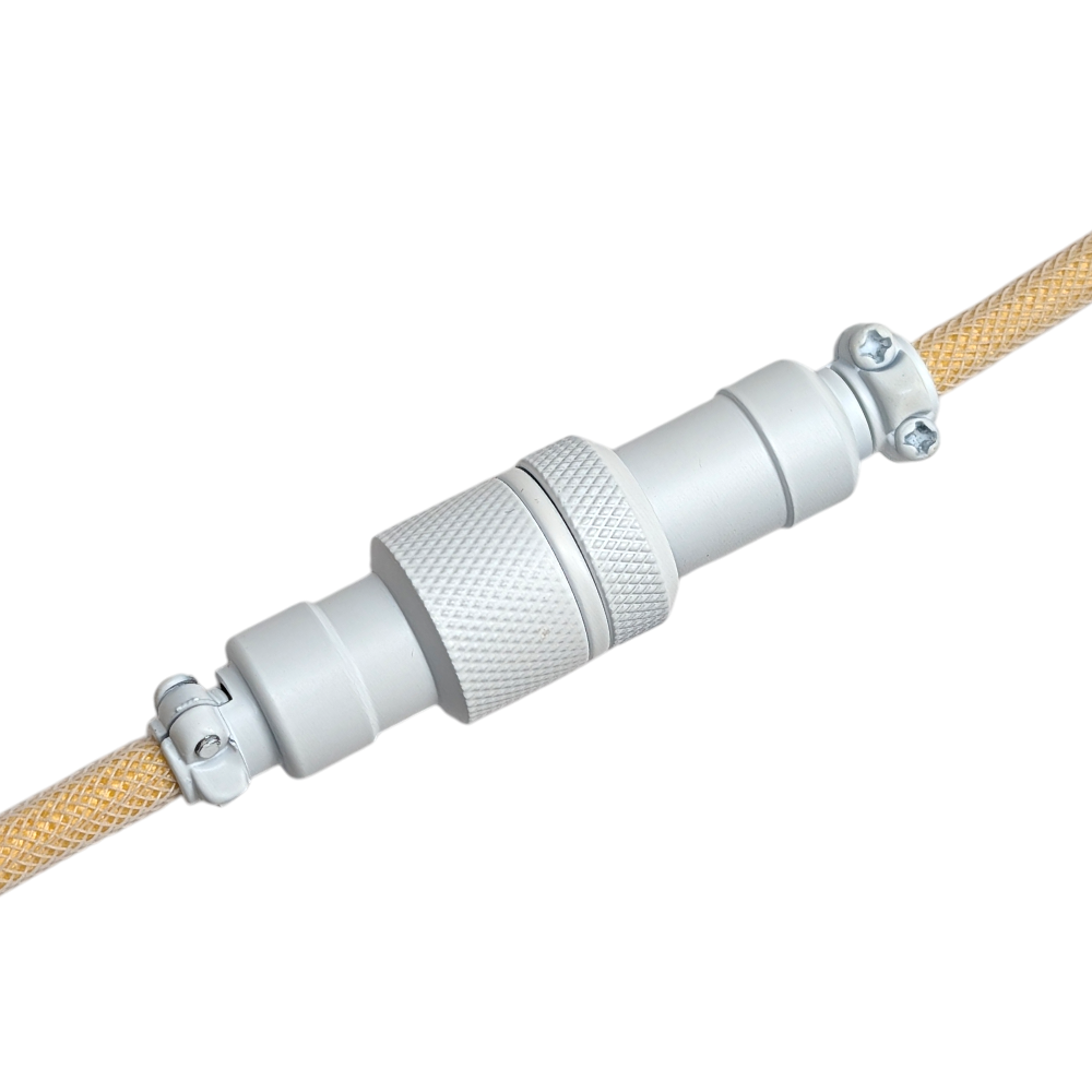 Back view of the Ivory Cream custom keyboard cable highlighting the solid metal hardware and 5-pin aviator connector for hot-swap convenience.