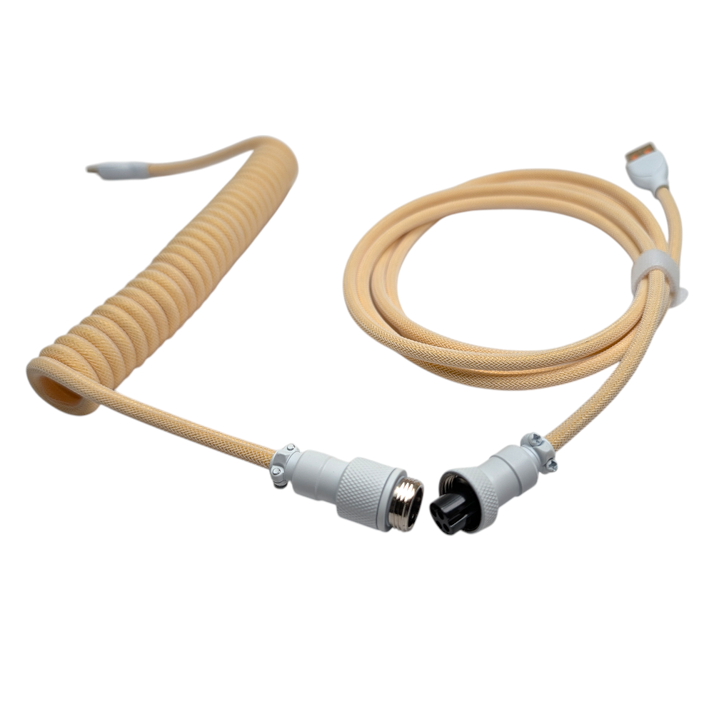 High-quality Ivory Cream mechanical keyboard cable with a springy, durable coil and premium double-sleeved paracord finish.