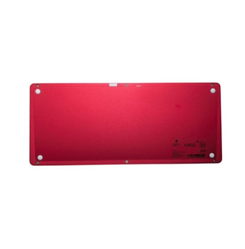 red aluminum bottom case with branding badge and serial sticker on Leobog Hi8 SE kit.