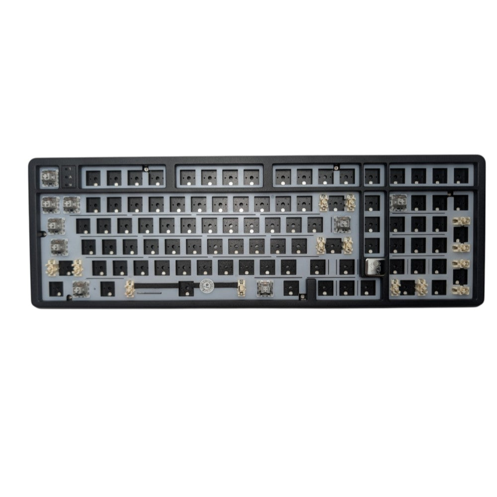 Top-down overhead view of Leobog Hi98C Pro 98 percent barebones mechanical keyboard kit showing hot-swap sockets and flex-cut plate.