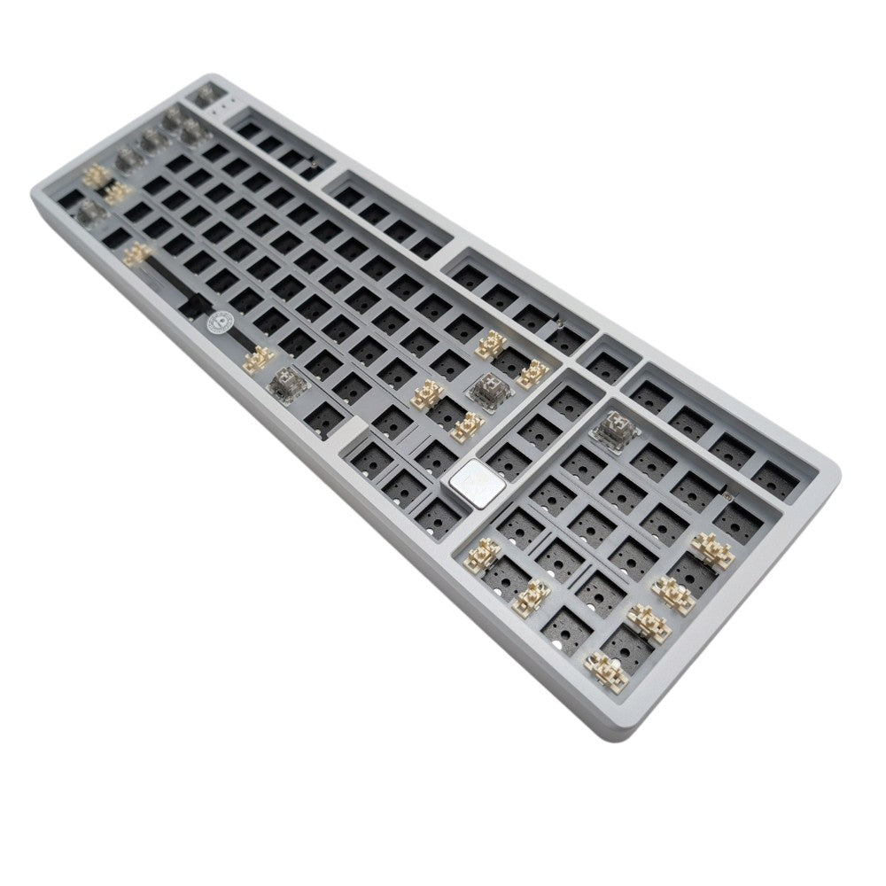 Angled perspective view of Leobog Hi98C Pro barebones aluminum case highlighting the compact 96 percent layout and numeric keypad.