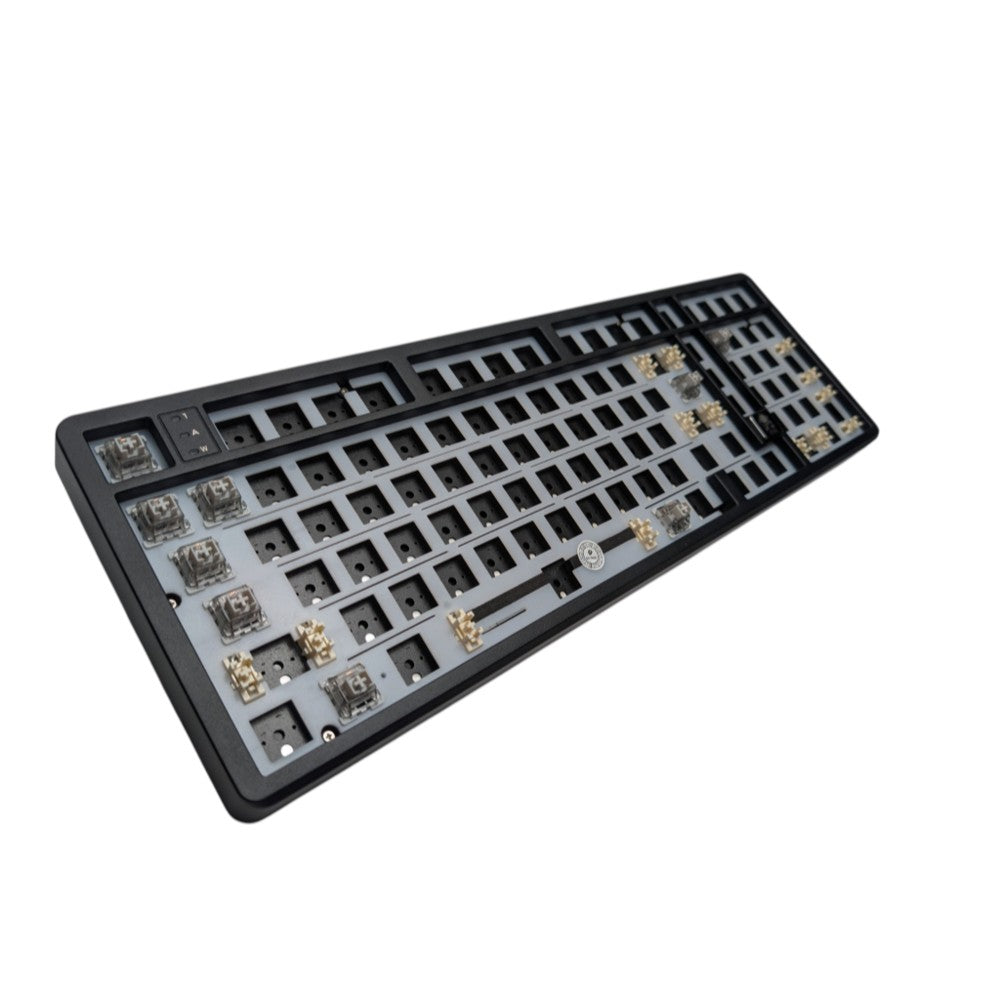 Side profile view of the Leobog Hi98C Pro black barebones keyboard showing the ergonomic case slope and gasket-mounted profile.