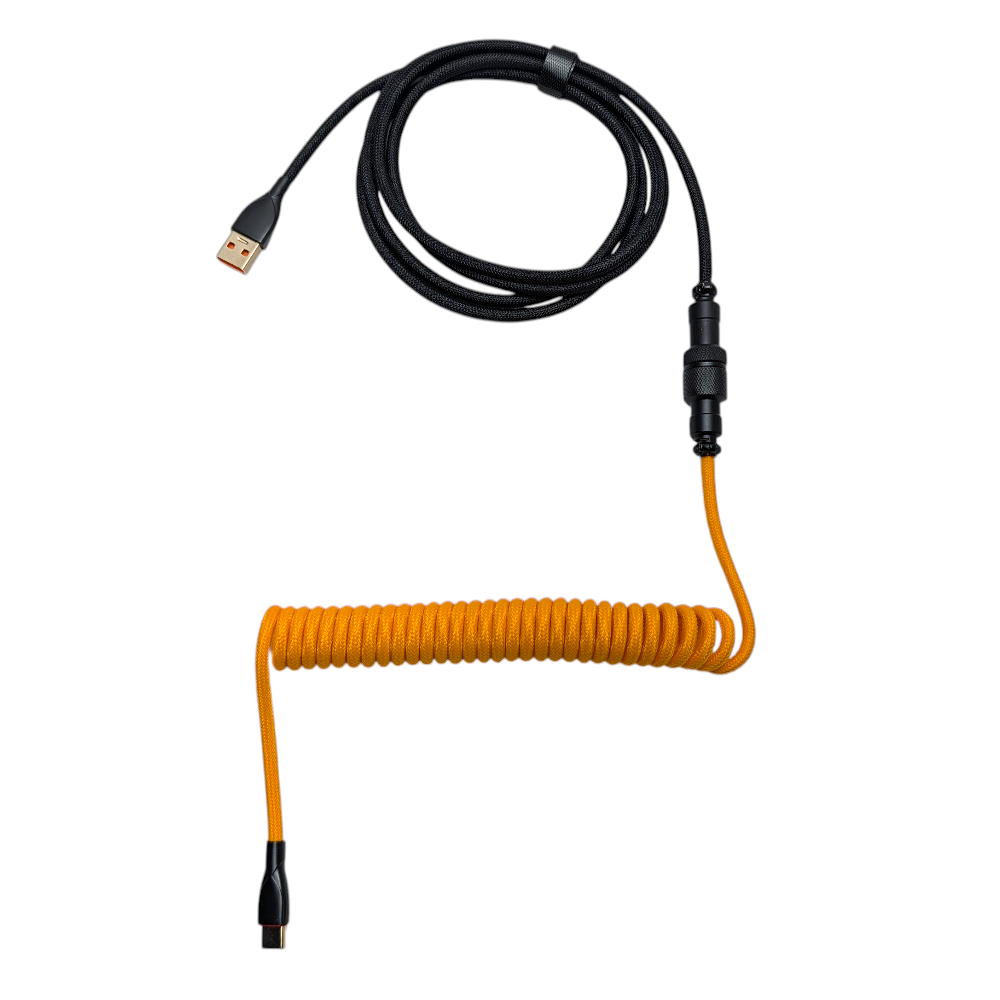 Close-up of Onyx Orange custom coiled keyboard cable with a black powder-coated GX16 aviator connector and orange paracord.