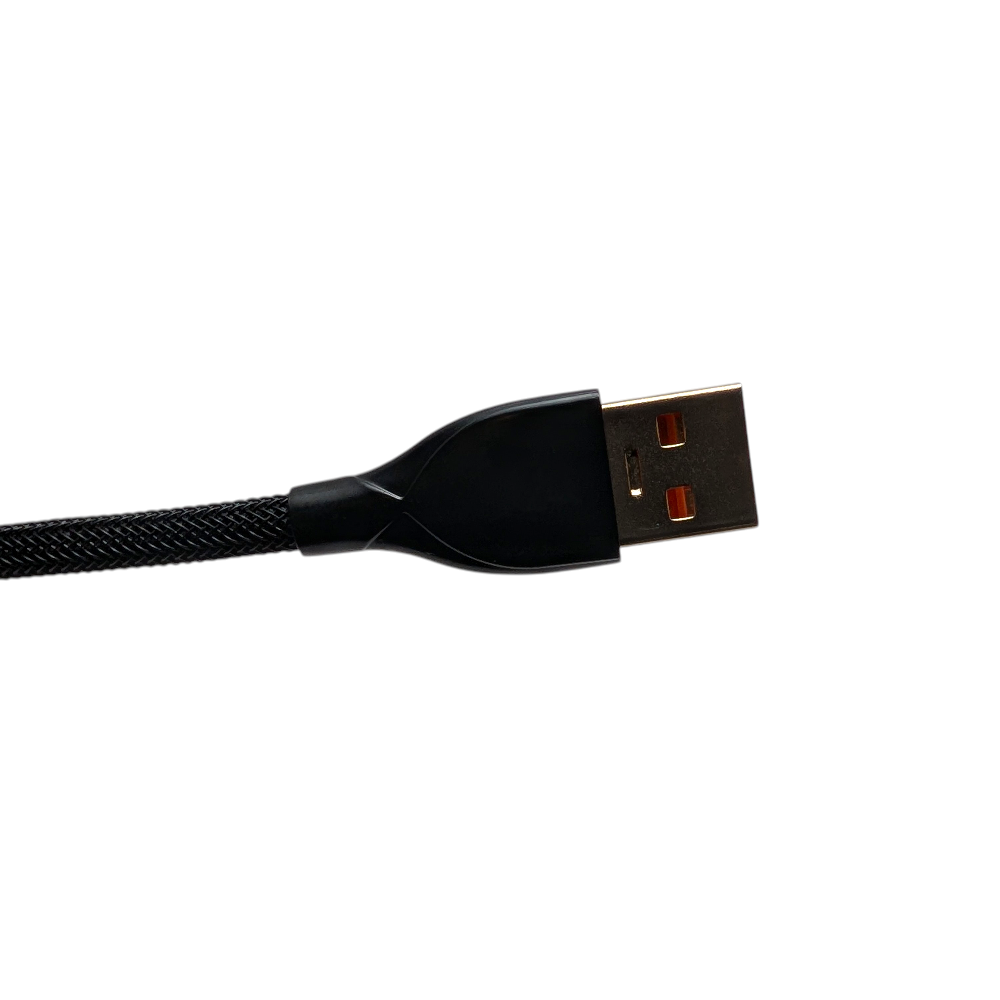 Side view of an Onyx Orange coiled USB cable for gaming keyboards, highlighting the heavy-duty metal housing and orange Techflex mesh.