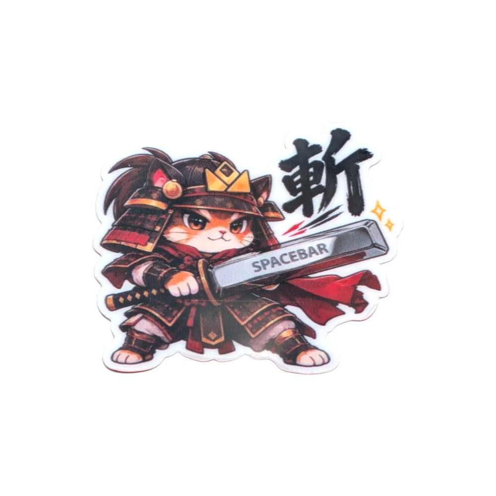 Samurai cat sticker swinging a spacebar keycap like a katana, with the Japanese character for cut.