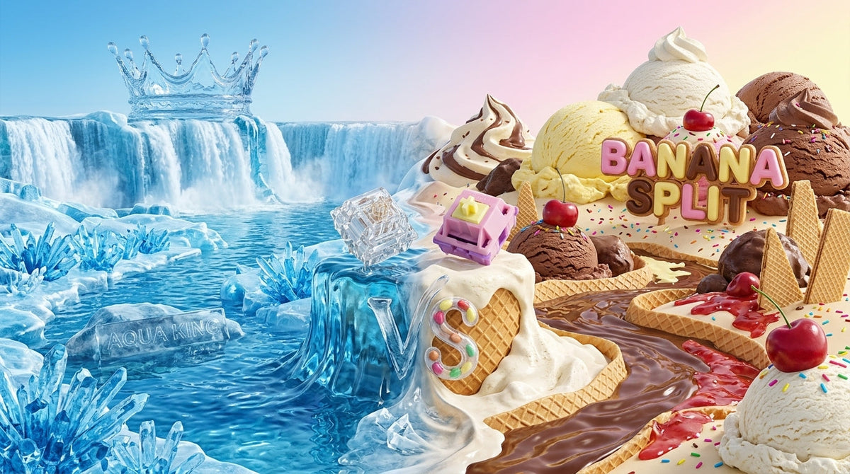 Split-screen comparison of the Aqua King and Banana Split mechanical keyboard linear switches, featuring a flowing water theme on the left versus an ice cream dessert landscape on the right.