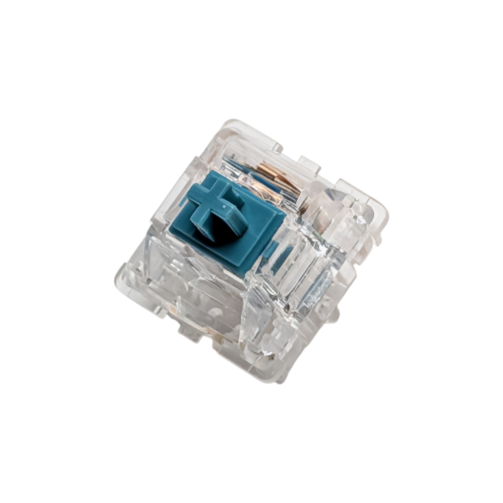 Up-close shot of a Durock T1 Clear Tactile Switch for custom mechanical keyboards, featuring a 67g gold-plated spring and teal stem.