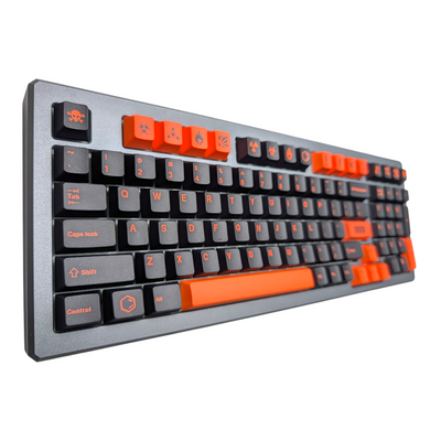 Close-up of "Apex Ignition" mechanical keyboard keycaps showing aggressive orange legends and black base.