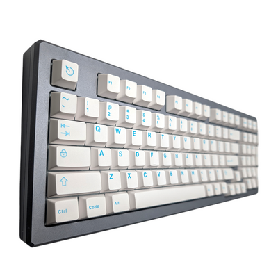 Top-down view of Aqua Clarity white and turquoise/teal ABS double-shot mechanical keyboard keycaps.