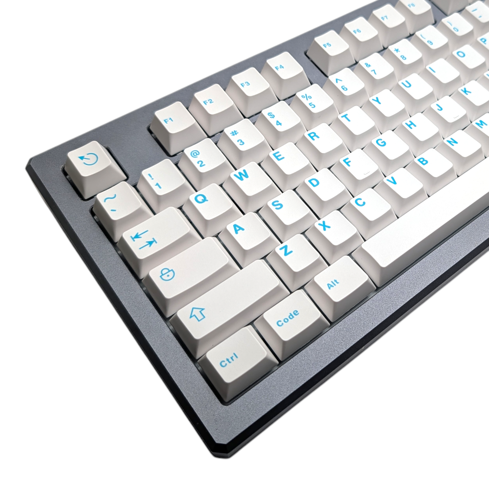 Side profile of Aqua Clarity white keycaps, highlighting ergonomic Cherry MX profile.
