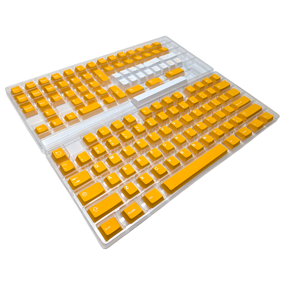 Top-down view of Midas Touch Gold yellow and white ABS double-shot mechanical keyboard keycaps.