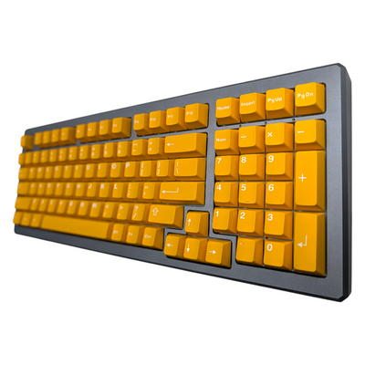 Mechanical keyboard featuring Midas Touch Gold keycaps, emphasizing premium aesthetic and design.