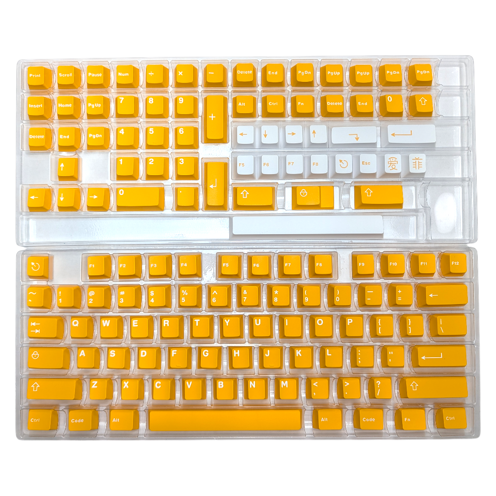 Overhead shot of durable ABS double-shot keycaps in Midas Touch Gold  yellow colorway.