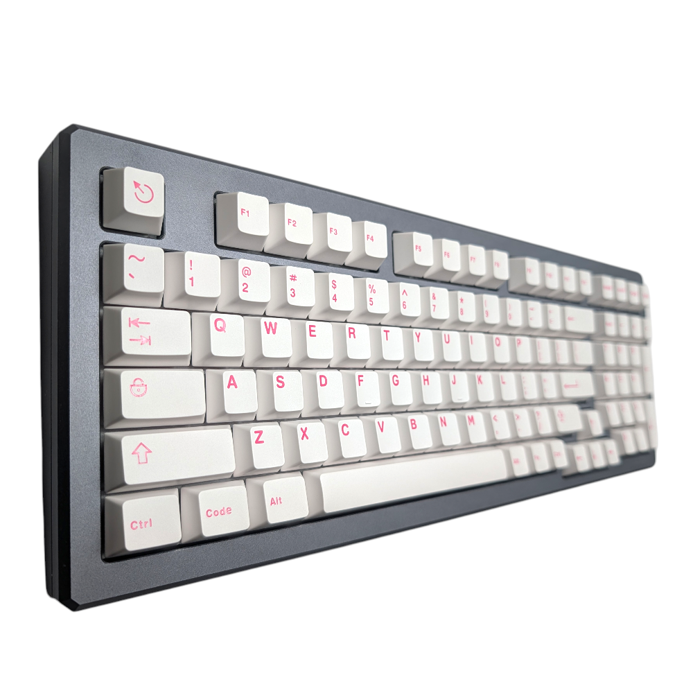 Mechanical keyboard with "Clean Pink" double-shot ABS keycaps, featuring pink legends on white keycaps.