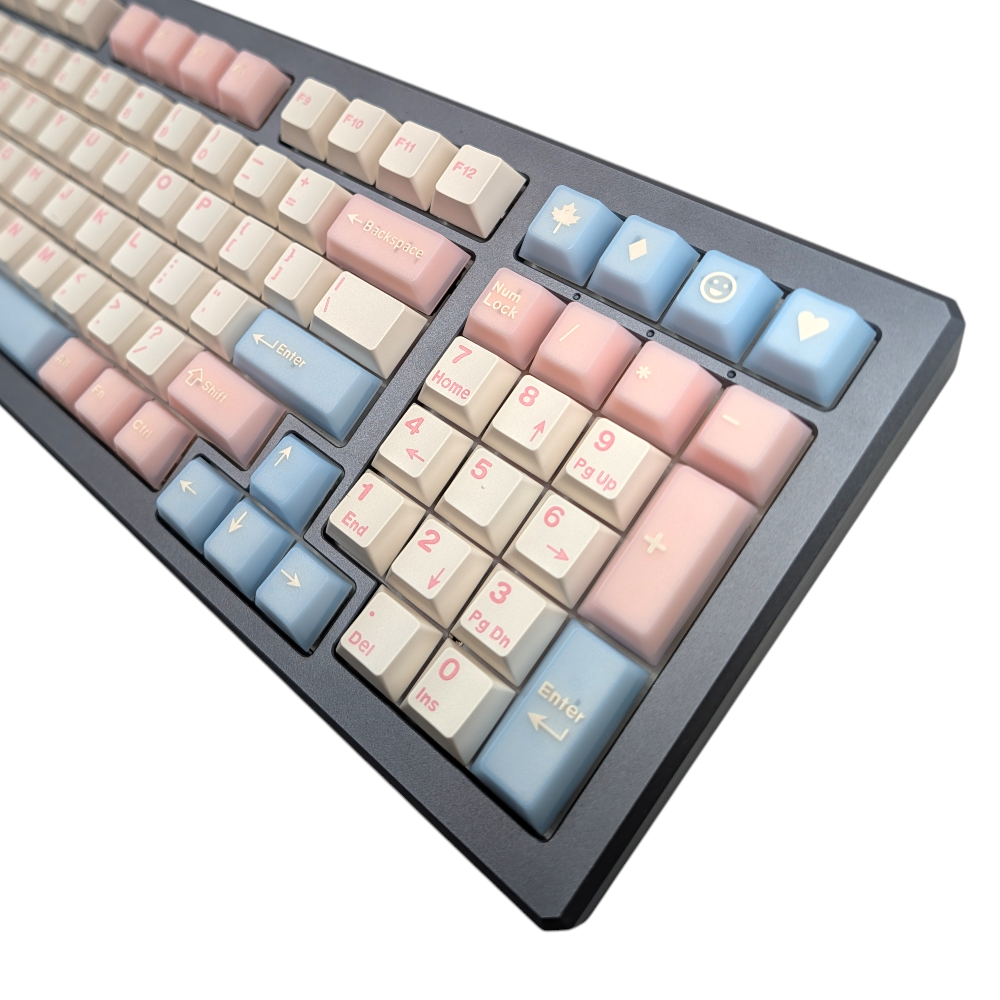 Close-up of "Cloud Candy" keycaps featuring pink and blue transparent accents and white alphas