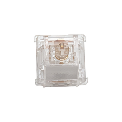 Close-up of Durock Ice King Linear switches for custom mechanical keyboards featuring fully transparent housing and gold-plated springs.