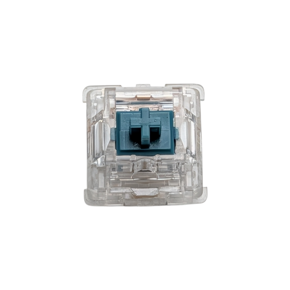 Close-up of clear Durock T1 mechanical switches, highlighting the transparent housing designed for maximum RGB light diffusion in custom keyboards.