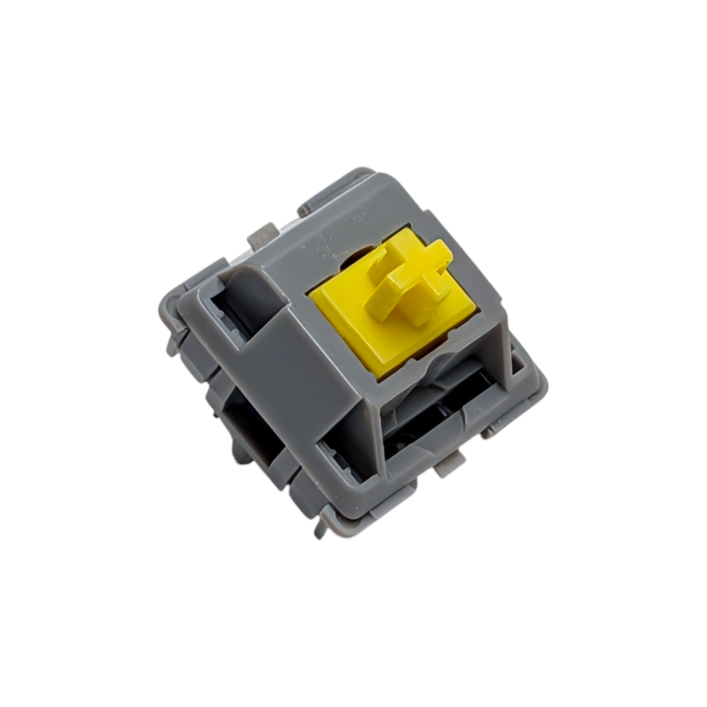 Close-up of Durock Sunflower switches showing the full POM housing designed for a deep thocky sound and smooth tactile typing experience